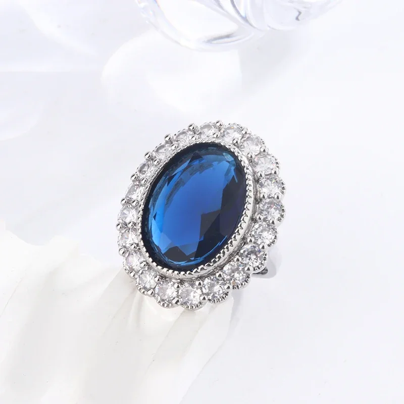 Delicate and generous Blue Oval Ring Fashion Flower Shape Attended Banquet Anniversary Jewelry S925 Silver Plated Jewelry