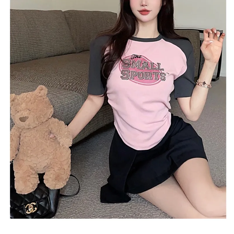 Women's 2024 Summer Pullover Round Neck Panel Letter Screw Thread Fashion Versatile Slimming Retro Sweet and Spicy T-shirt Tops