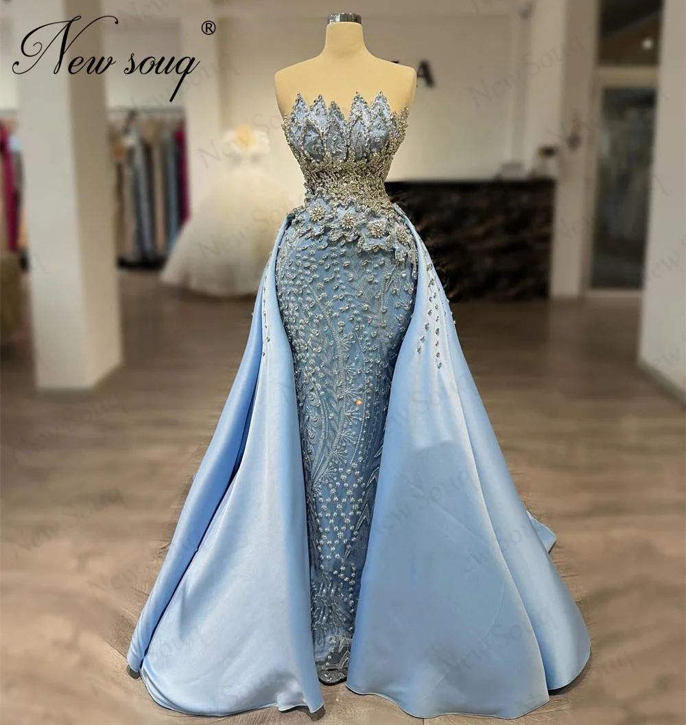 Abiti da sera di lusso con perline blu Abiti da festa di nozze senza spalline con gonna oversize Abito da cocktail Abiti da Cóctel personalizzati