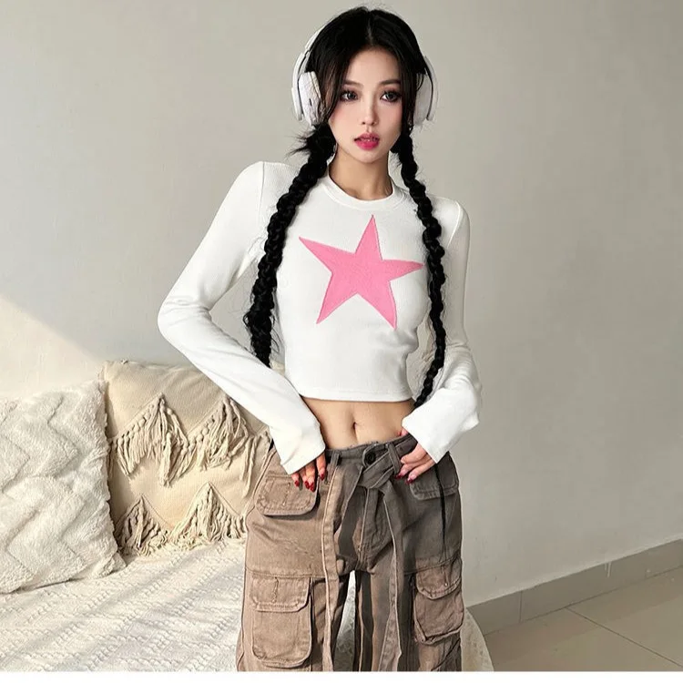 

Новая женская футболка с длинным рукавом и нашивкой из ткани Star Cloth, приталенная, из ацетатного волокна, с геометрическим узором Ciwalk, осенняя коллекция