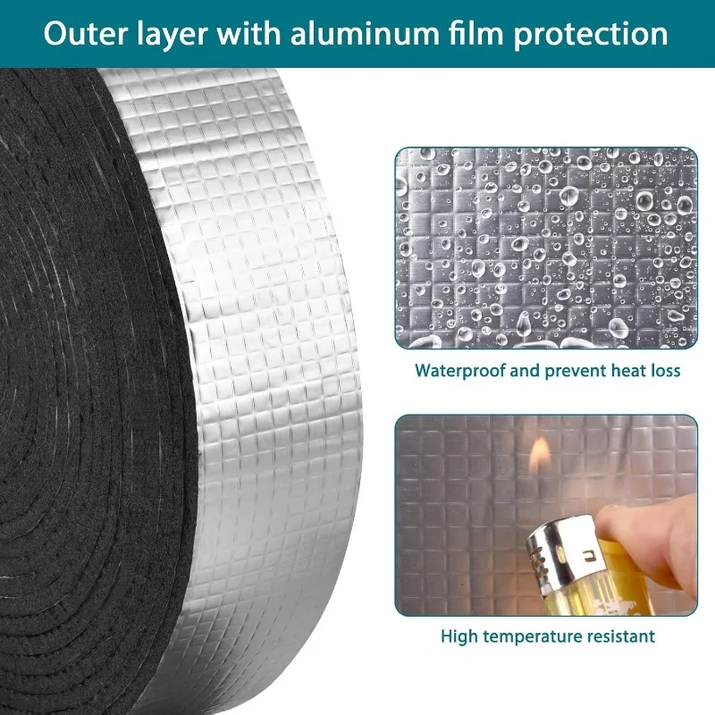 Winter Pipe Wrap Insulation 32.81FT Outdoor Pipe Foam Insulation Tape Aluminum Foil Black Fire Protection Strong Tape Waterproof