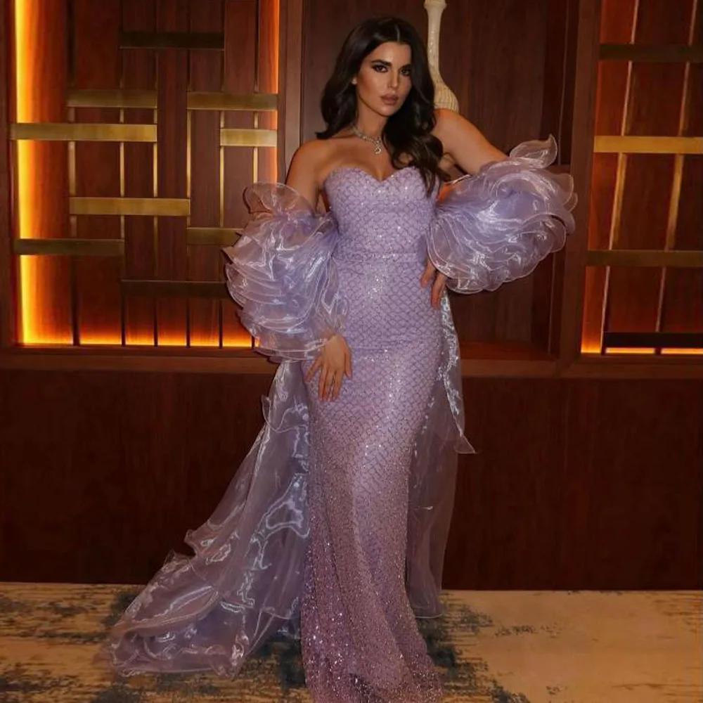 

Customized Glitter Evening Dresses with Jacket Sweetheart Sequin Mermaid Celebrity Dress 2025 Ruffles Sleeve Oranga Formal Gown