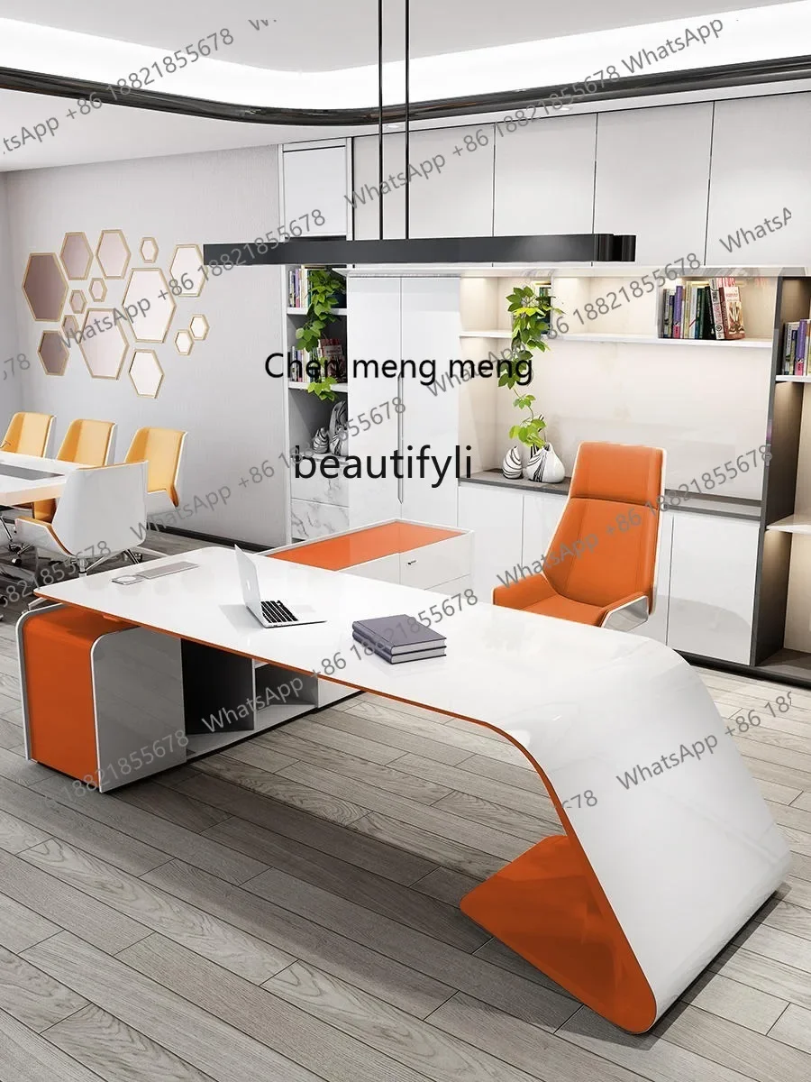 H134 Designer Creative Painting Modern Simple White Orange Manager Supervisor Desk Technology Sense President Desk