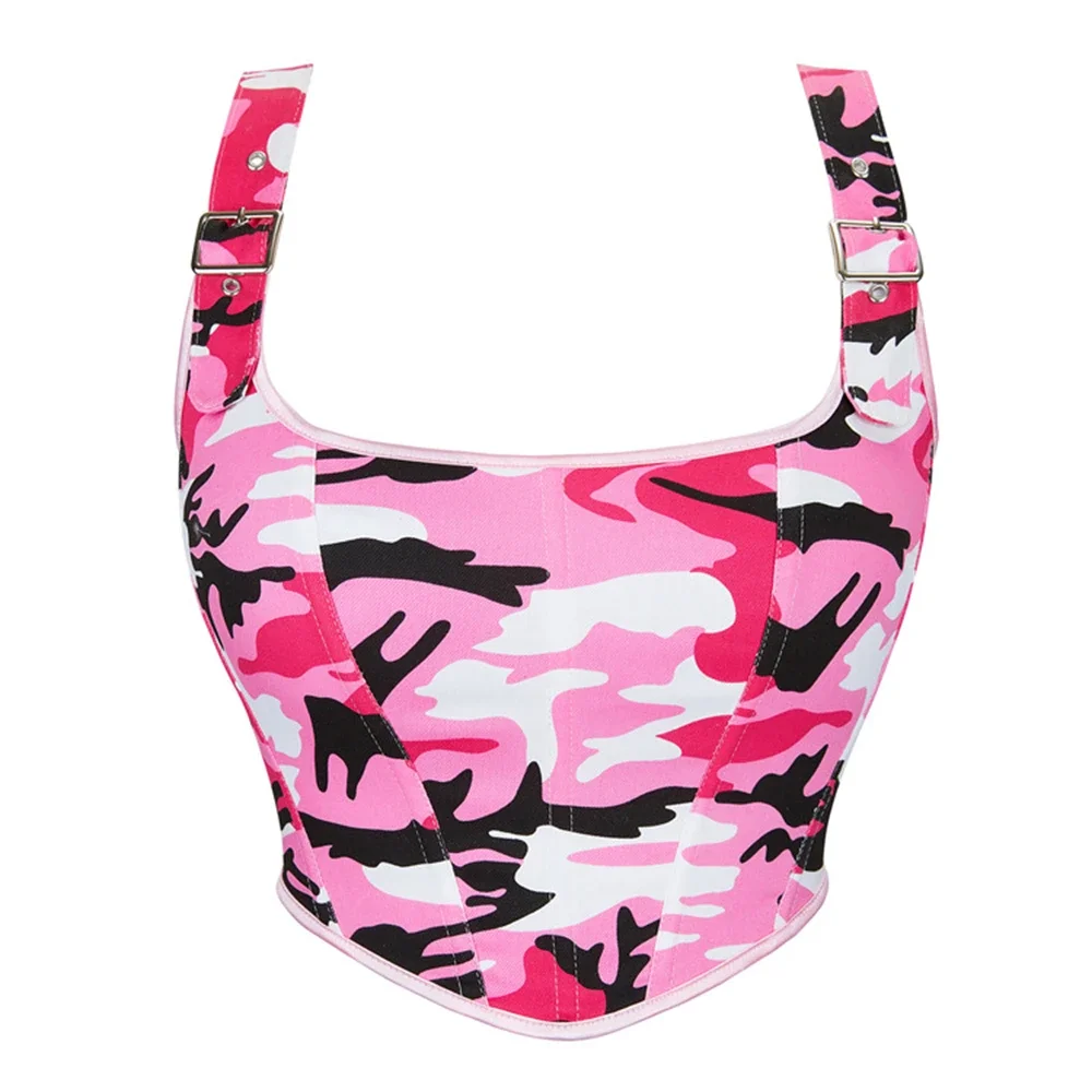 Women Retro Camouflage Corset Camisole Tops Sexy Khaki Adjustable Shoulder Strap Bustier Crop Tops Gothic Lace-up Vest Lingerie view 5