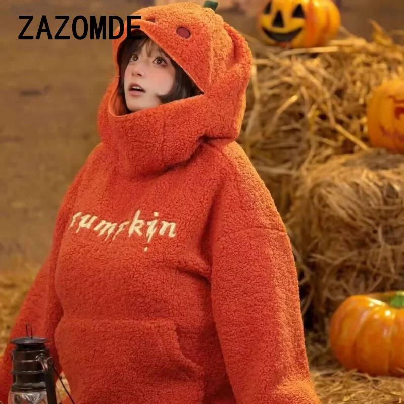 ZAZOMDE Plush Pumpkin Hoodies Man Women Toy Funny Halloween Berber Fleece Jacket Oversized Cutecore Christmas Winter Clothes