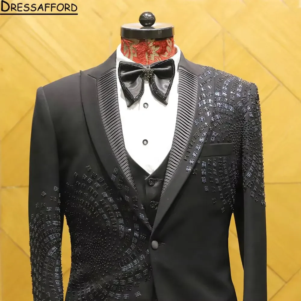 Black 2 Pieces Blazer Pants Men Suits Glitter Diamonds Tuxedo High Fashion Wedding Prom Plus Size Custom Made