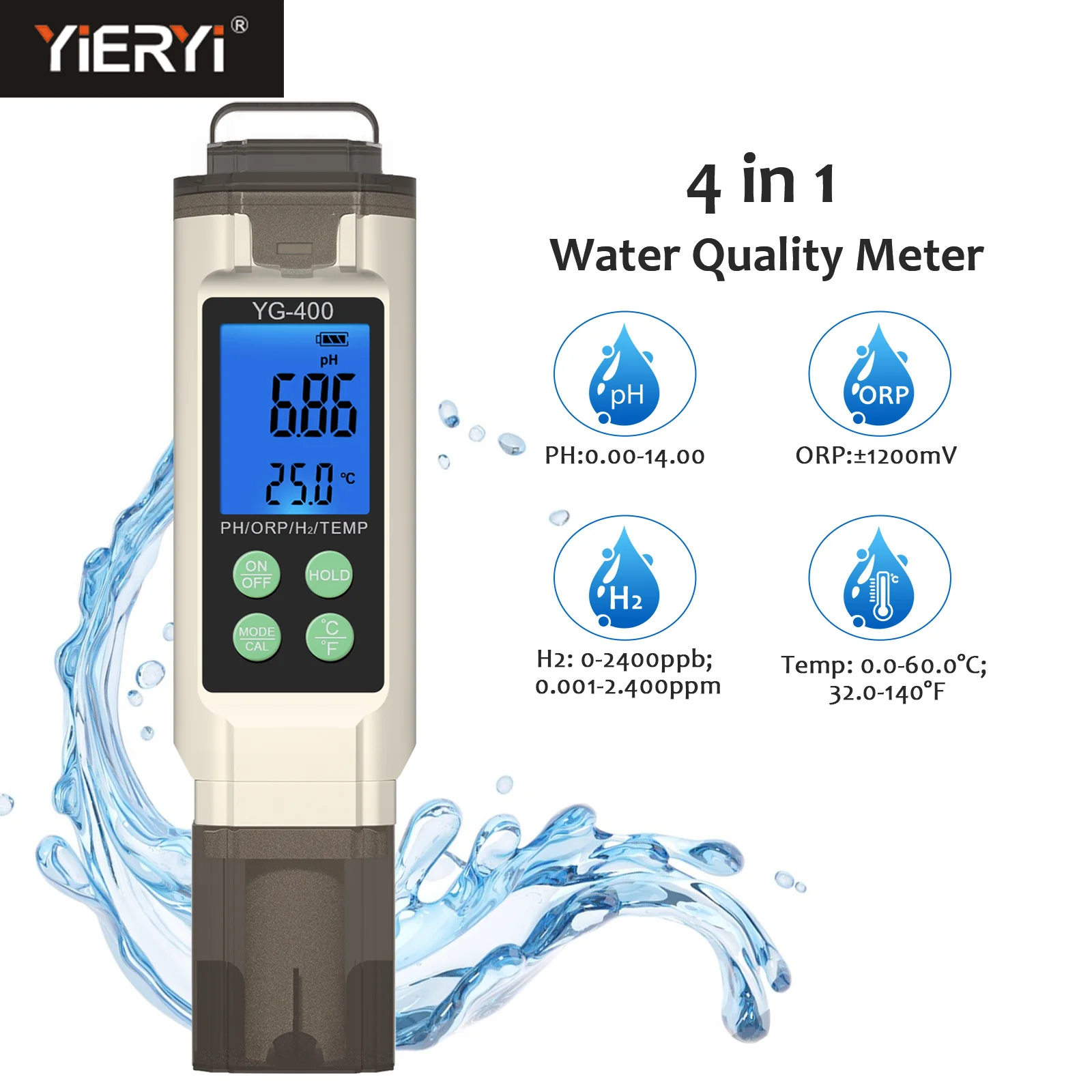 Yieryi 4 en 1 medidor Digital PH ORP Temp H2 ppm ppb probador de agua de hidrógeno disuelto para acuario agua potable piscina hidropónica