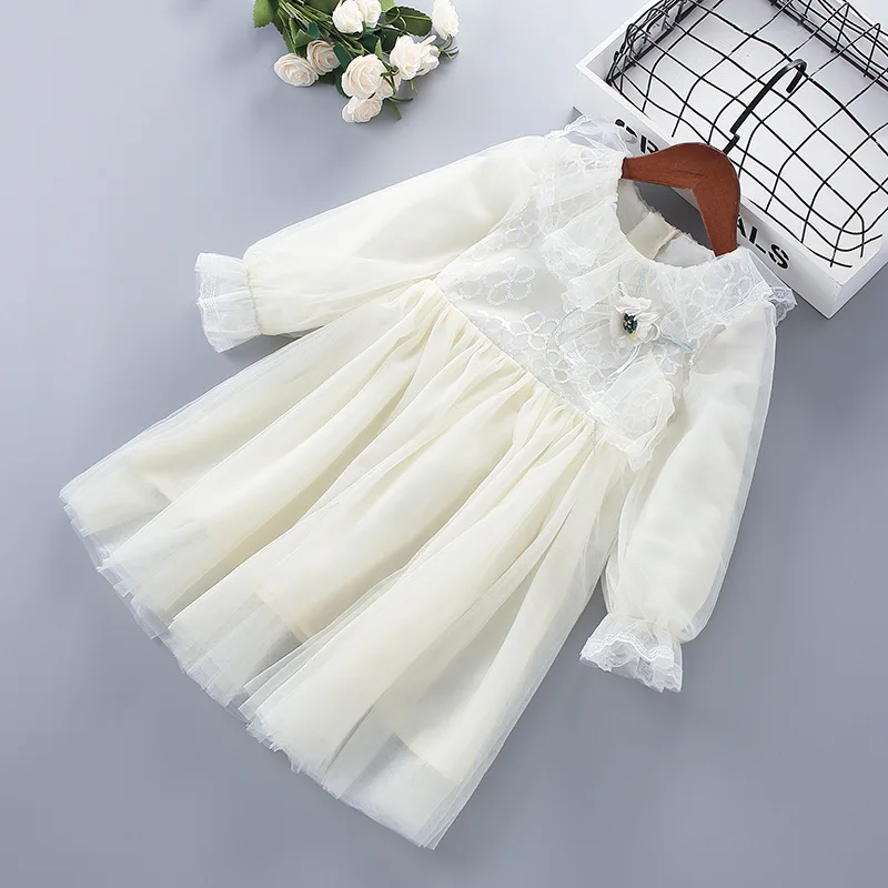 Spring new children's lace mesh long-sleeved kids dresses for girls clothes