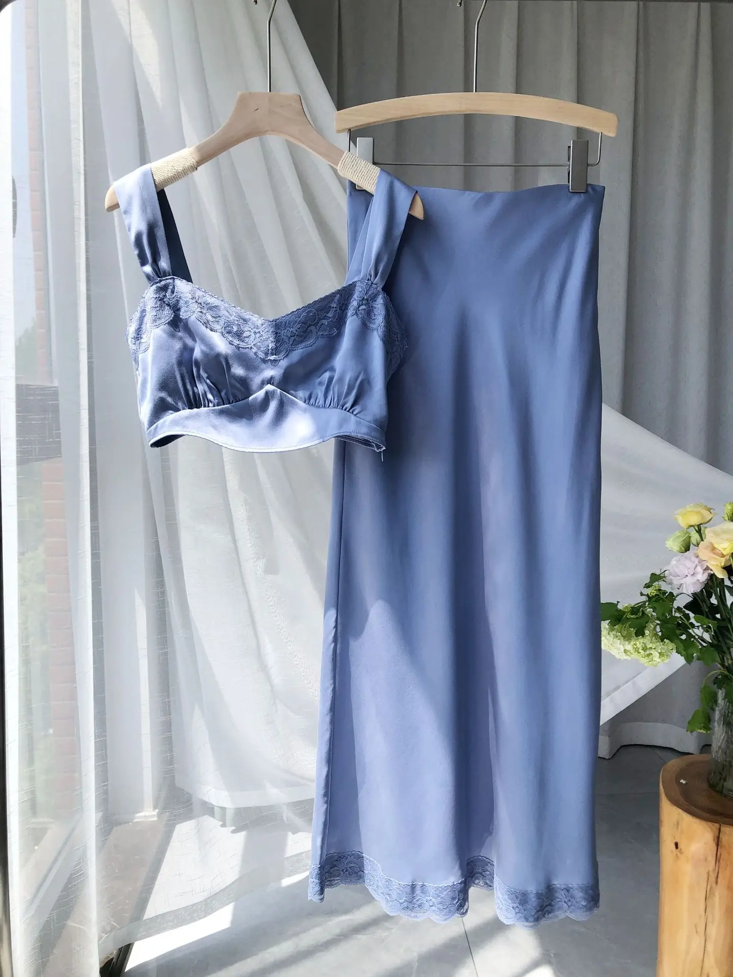 Women 100% Silk Blue Set Lace Embroidery Patchwork V-Neck Sleeveless Vest + High Waist A-Line Midi Skirt Elegant Suits