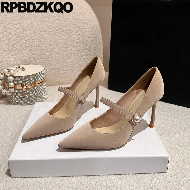 Shoes Pearl Mary Jane Real Leather Pointed Toe Bride Bridesmaid High Heels Pumps Small Size 33 Nubuck Women Stiletto Sheepskin