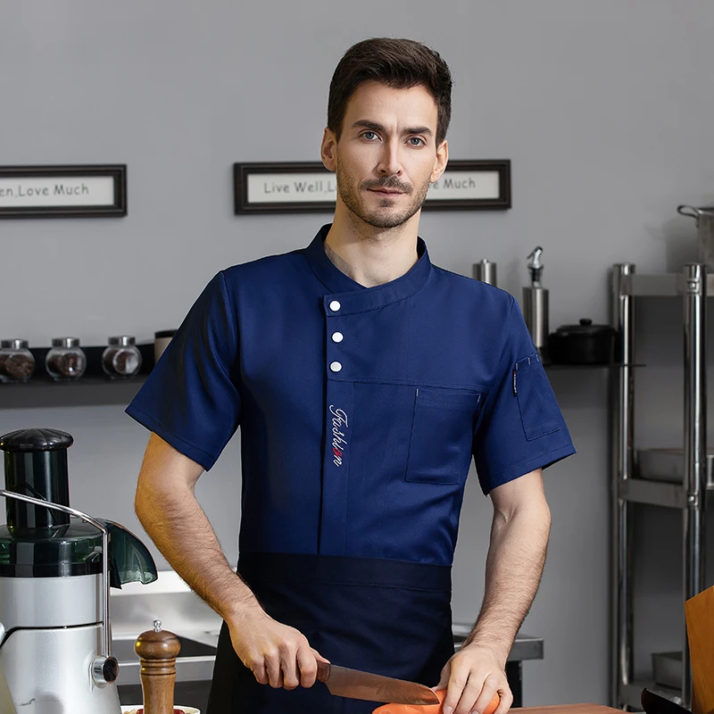 Veste de cuisine à manches courtes pour hommes et femmes, vêtements de chef de restaurant, chemise de cuisinier d'hôtel, vêtements de travail bleus, uniforme de service alimentaire