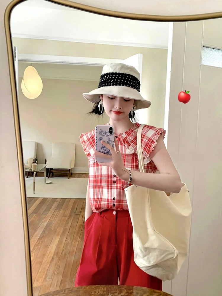 

Fufufun Original Design Ches Pattern White Enhancing Loose Fit Girls irt Vintage Large Collar Button down Svel Top