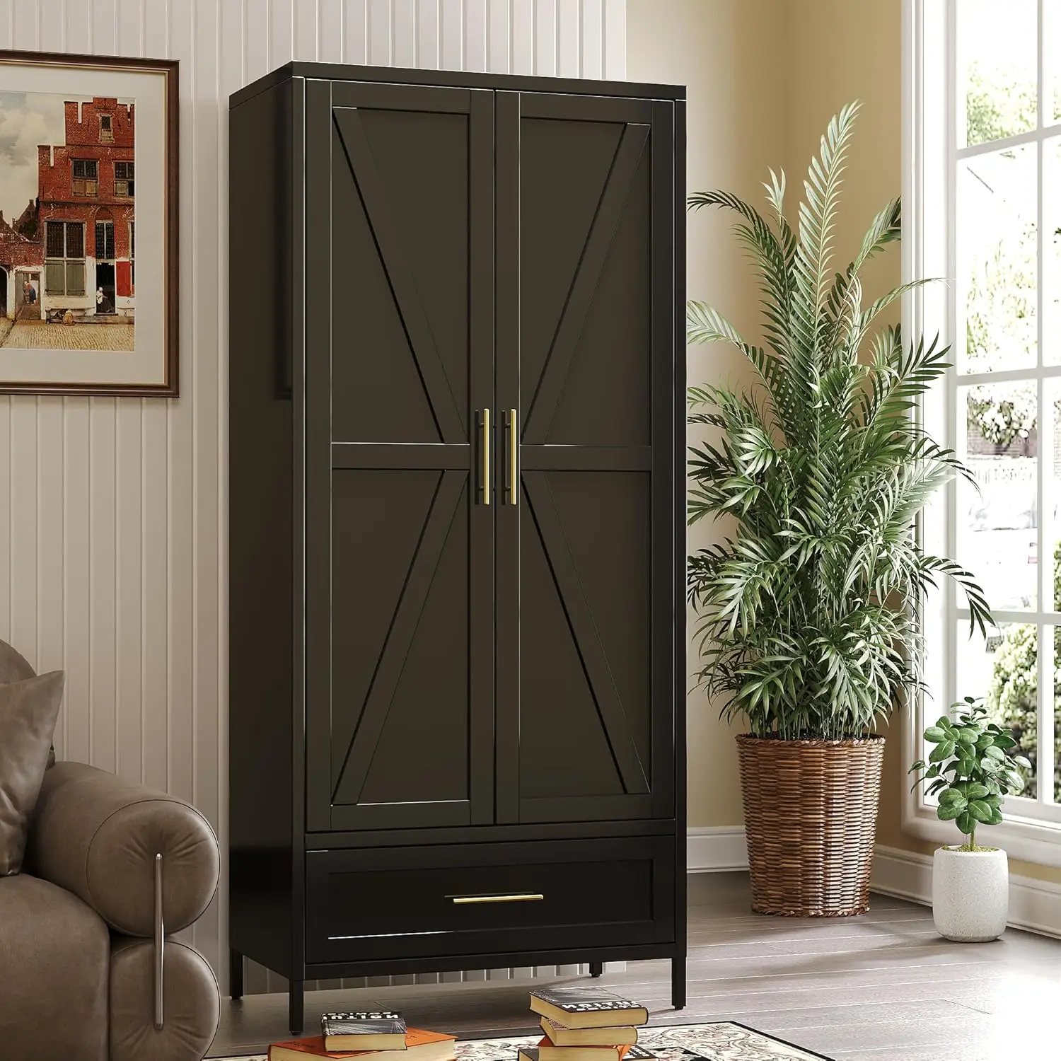 Metal Wardrobe Closet with Drawer & Hanging Rod 71" Tall Armoire Storage Cabinet for Bedroom, Laundry & Garage, 1, Customized