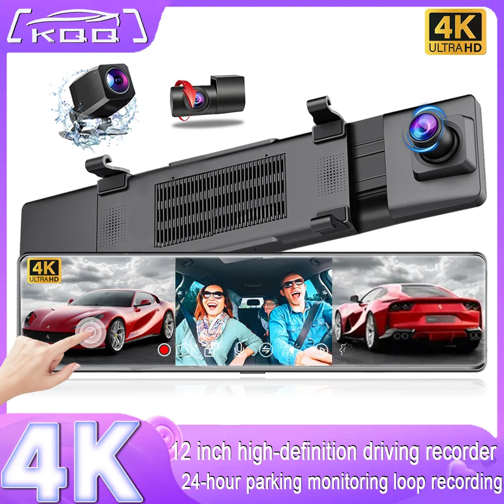 12'' Triple Len Dashcam with 4K Front and dual1080p Rear support Wifi 24H Parking Monitor Night Vision Touch Screen Stream Media