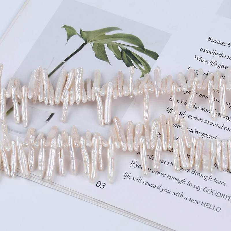 Wholesale Width 3-5mm*Length 23-32mm White Color Top Drilled Toothpick Shape Freshwater Pearl Loose Strands