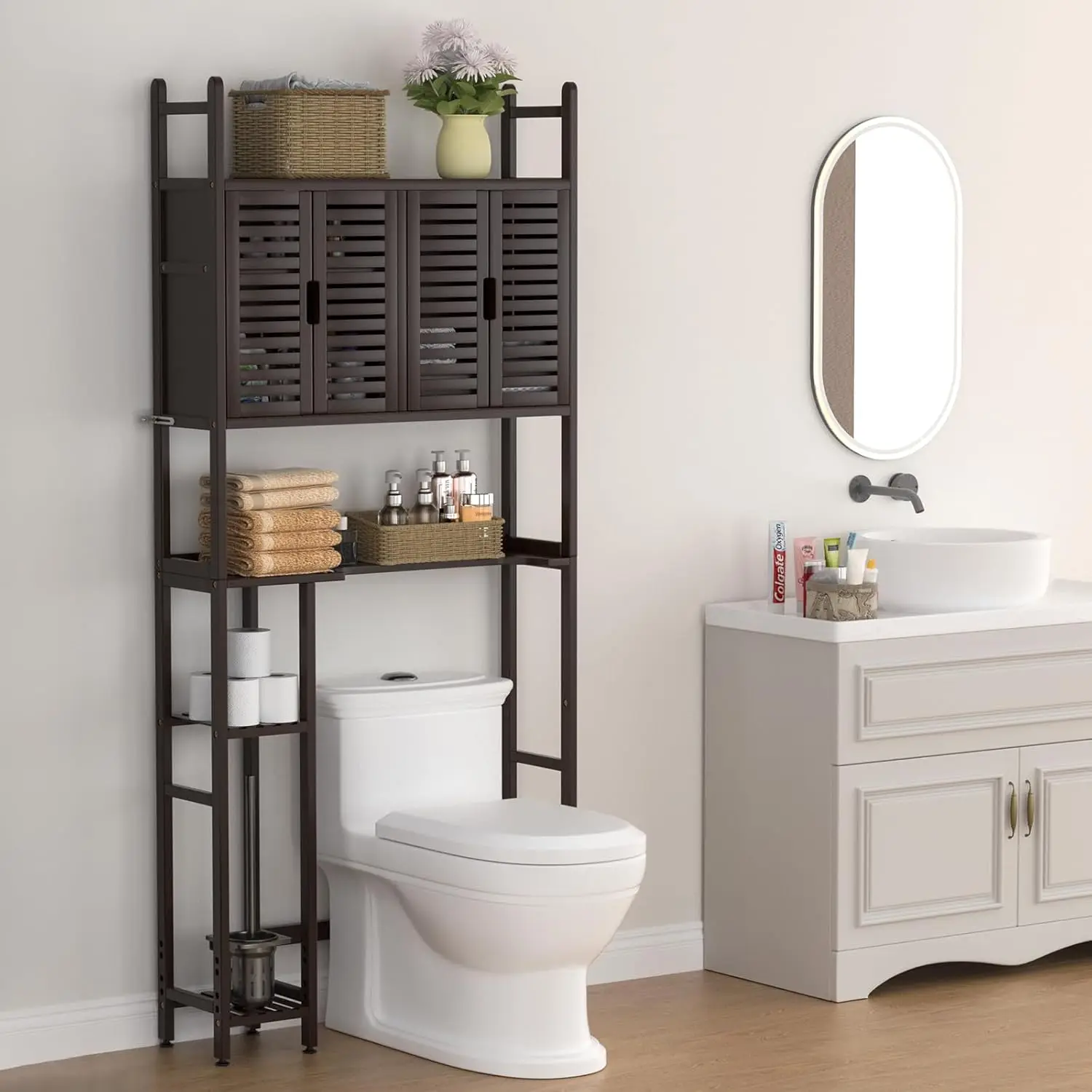 Over The Toilet Storage Cabinet w/ Toilet Paper Holder Stand,Bamboo Bathroom Organizer Shelf w/Four Door and Waterproof Feet Pad