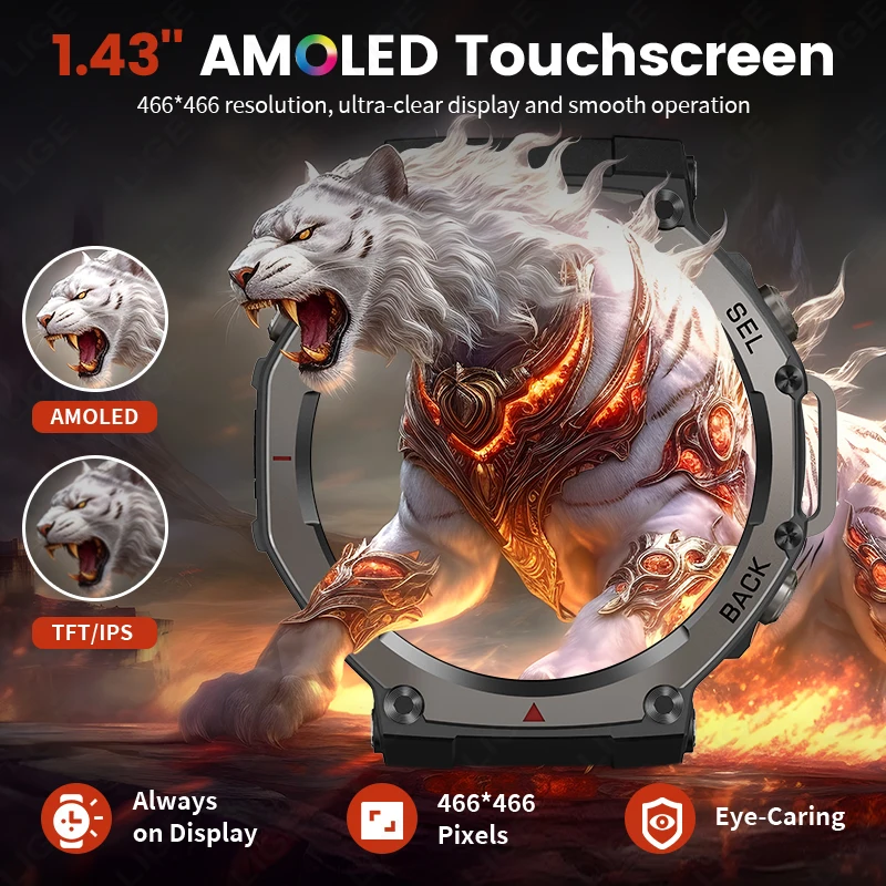 LIGE New T-Rex 3 GPS Smart Watch 5ATM Waterproof Built-in Dual-band Compass Barometric Altimeter Bluetooth Call  Smartwatch Men