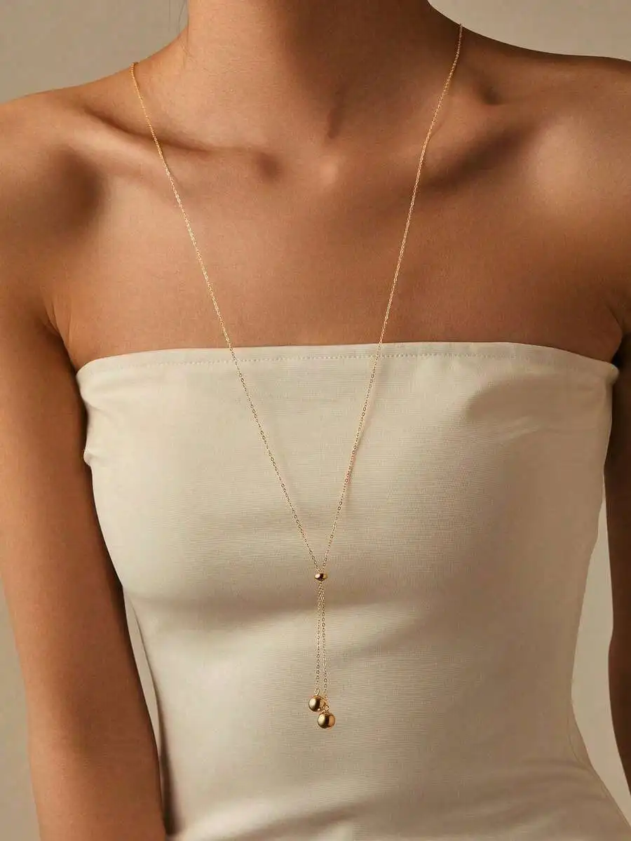 1pc 18K Gold Plated Stainless Steel Round Bead Pendant Adjustable Long Necklace, Fashionable Minimalist Design Suitable For Dail