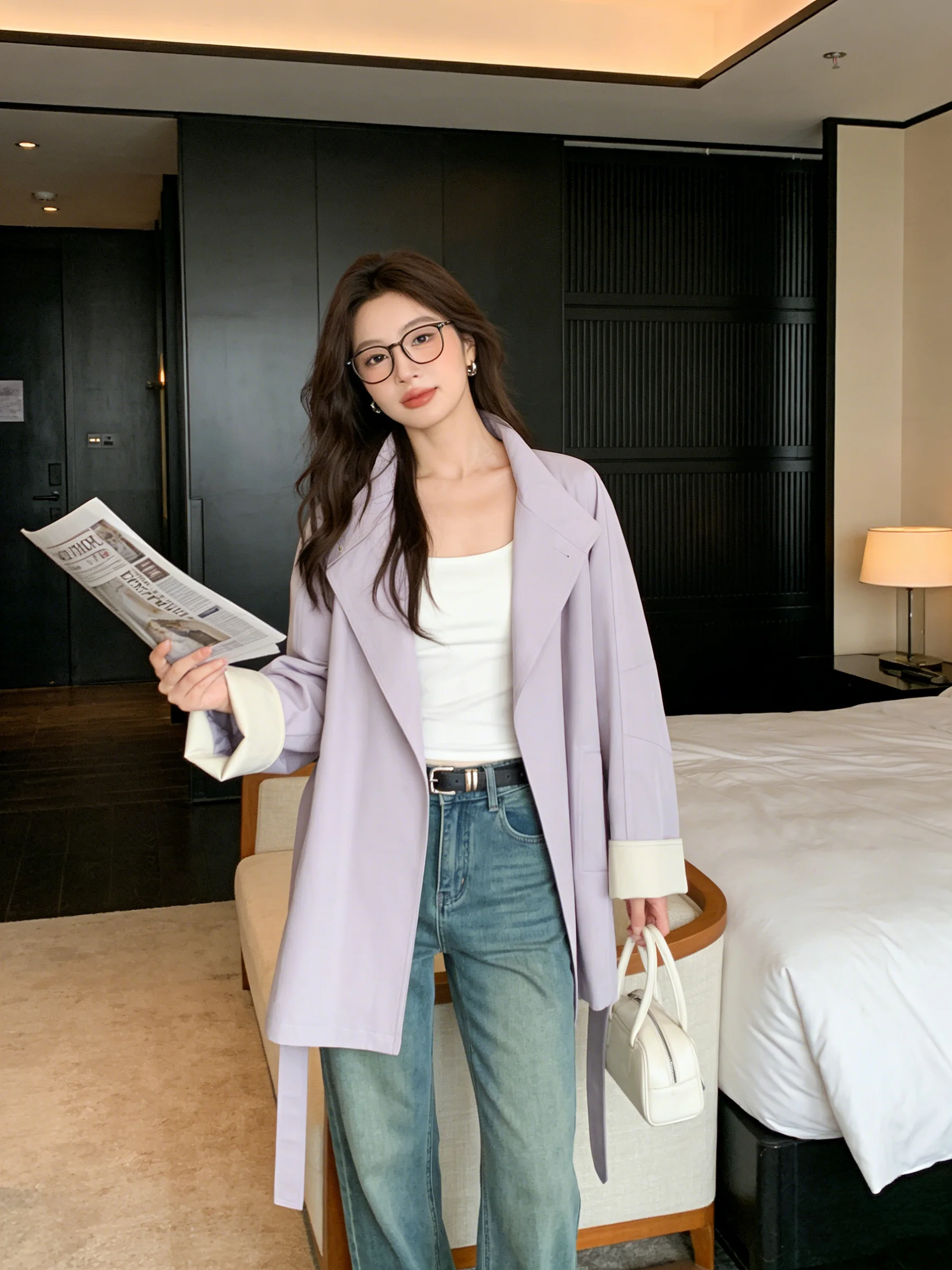 

Ele Purple Windbreaker Coat Stand Collar Belted Slimming Casual Mid-Length Women's Faion Spring Autumn Outerwear