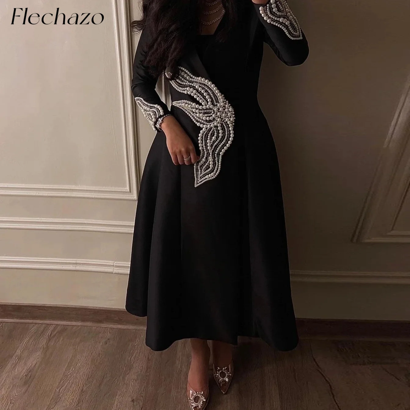 

Flechazo Black Satin Prom Dresses V Neck Pearls Bead A-Line Ankle-Length Formal Business Suit Dress For Women 2024 فساتين السهرة