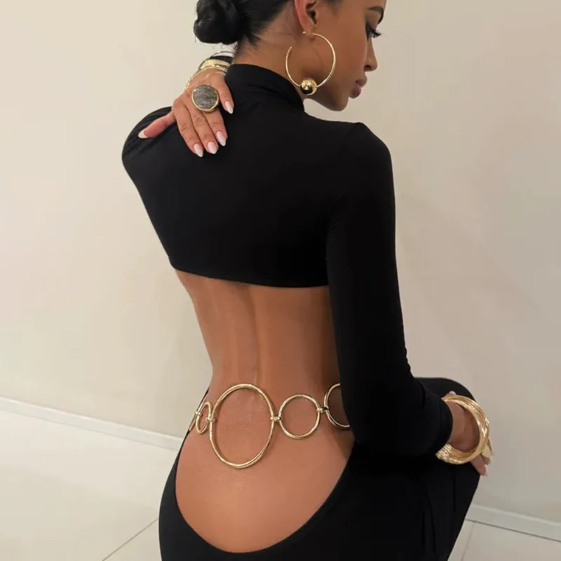 

Talenza Black Backless Maxi Dress Women's Sexy High-Waisted Hollow Out Luxury Party Dress Elegant High-Neck Female Evening Dress