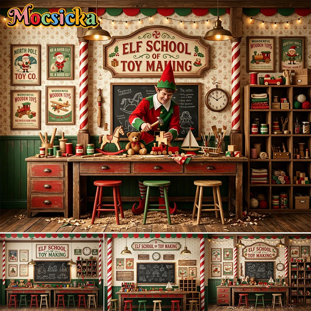 Mocsicka Fotografie-Hintergrund Weihnachtself Schule Kranz Spielzeugbär Dekoration Kinder Weihnachten Feiertagsparty Porträt Studio-Requisiten