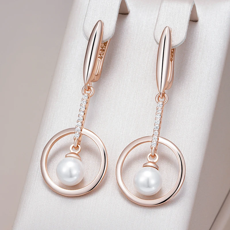 Kinel Fashion Geometry Pearl Dangle Earrings for Women 585 Rose Gold Color With Natural Zircon Boho Ethnic Wedding Jewelry