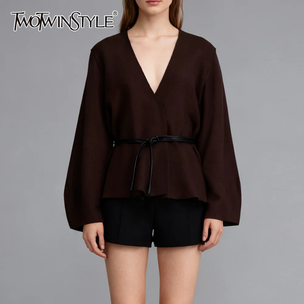 

TWOTWINSTYLE однотонная элегантная осенняя куртка для женщин с v-образным вырезом и длинными рукавами на шнуровке, минималистичное повседневное свободное пальто, женское новое