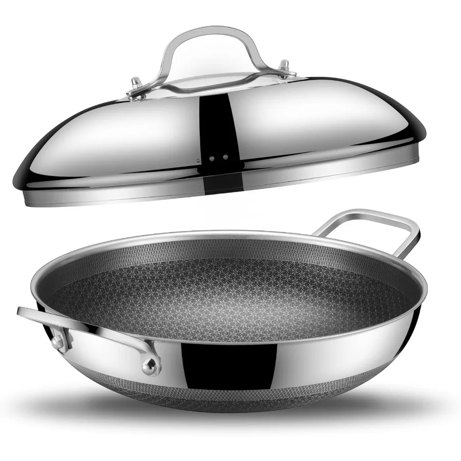 

13 Inch Hybrid Wok and Stir-Fry Pan with Nonstick Coating Double Handles for Easy Handling Non-Toxic Stainless Steel Constructi