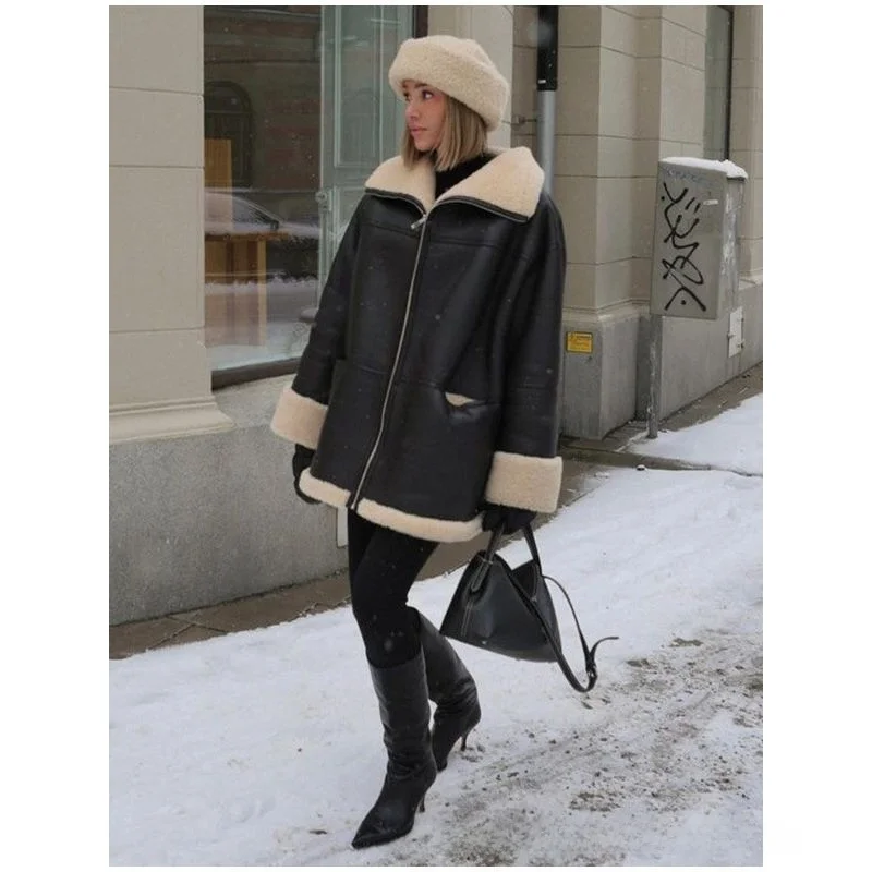 Elegancki płaszcz ze skóry ekologicznej z futrzanym kołnierzem dla kobiet, nowość na jesień i zimę, młodzieżowy, miejski, długi rękaw.