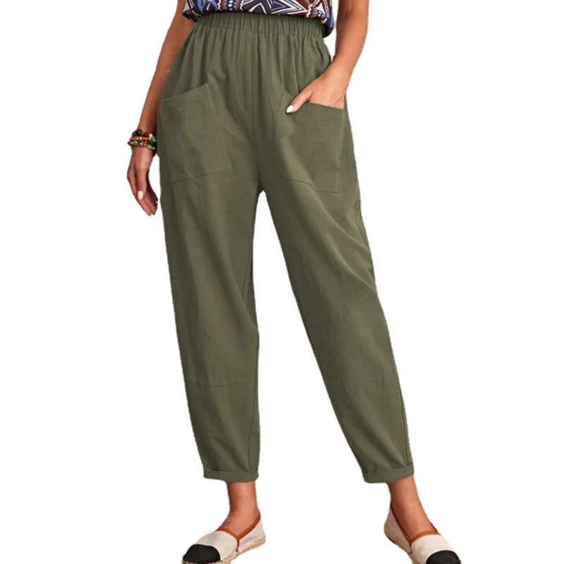 

New Cotton Hemp Pants Elastic Waist Casual Pants Pocket Pants Women Streetwear