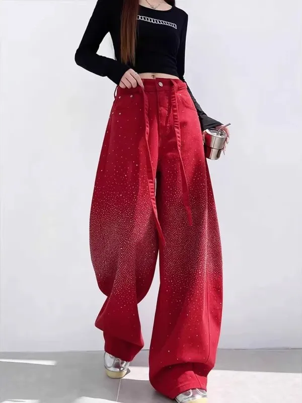 

Spring 2026 Vintage Casual Heavy Du Rhinestone Red Straight Leg Women's Wide Leg Jeans High Waist Loose Fit Blue Denim