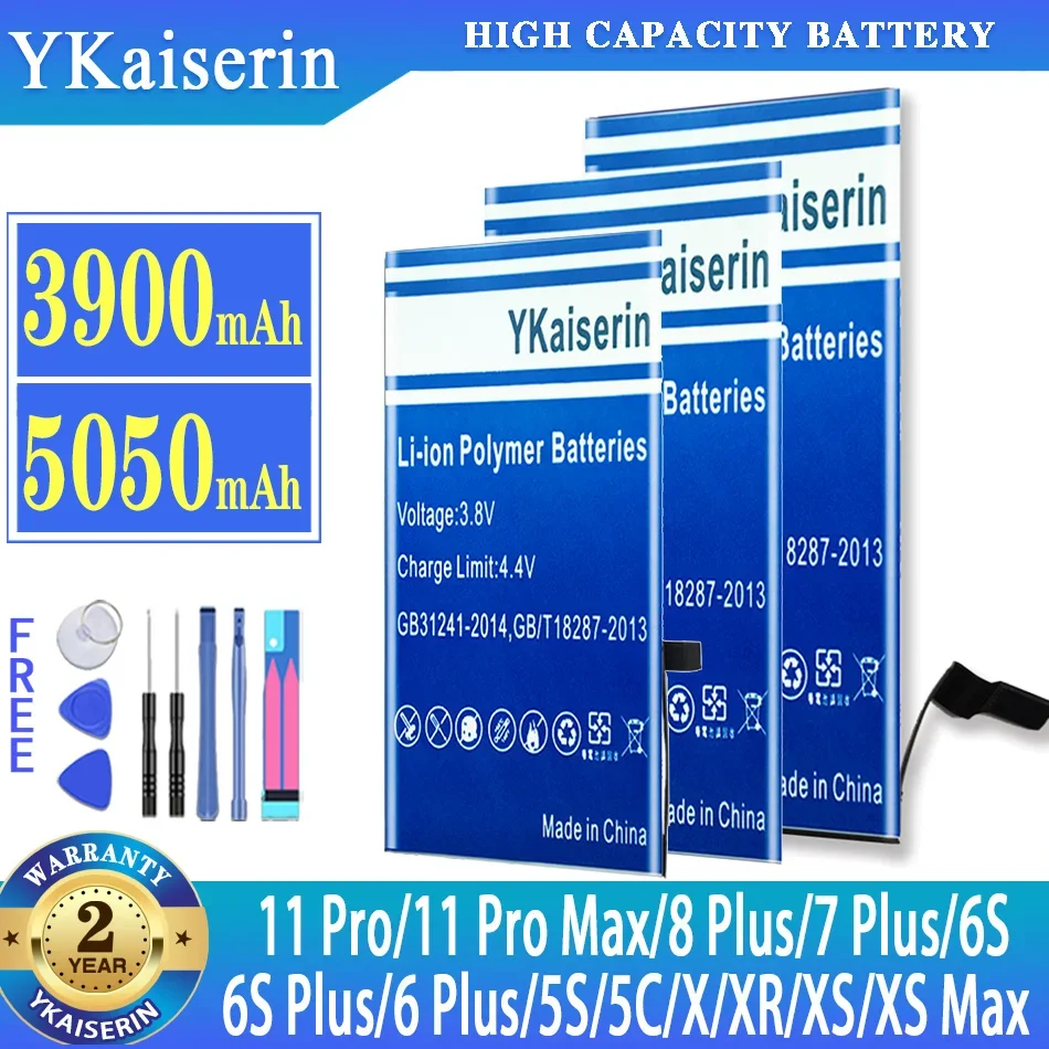 YKaiserin Battery For iPhone 11 pro 11pro max 11promax 8+ 7+ 6S 6S+ 6+ 5S 5C X XR XS Max Batterij + Free Tools