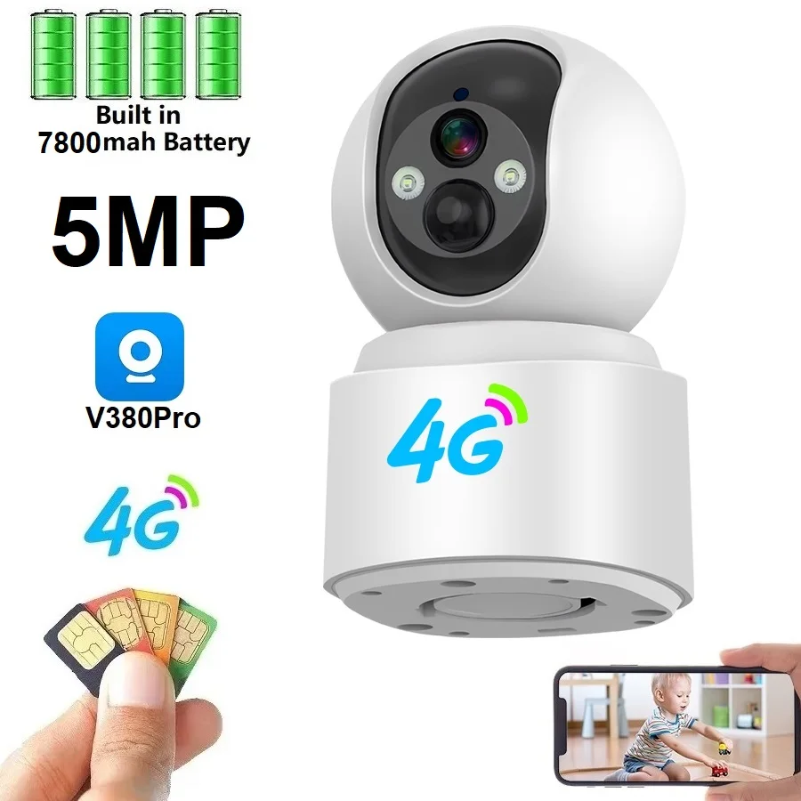 V380Pro 5MP 4G SIM Card Camera indoor 18650 Rechargeable Battery Powered Auto Tracking Night Vision PIR Low Power PTZ Camera