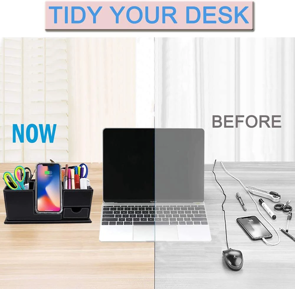 Desktop Draadloze Telefoon Oplader Organizer, Bureau Potlood Houder Pen Cup Opslag Met Qi Charging Station Dock