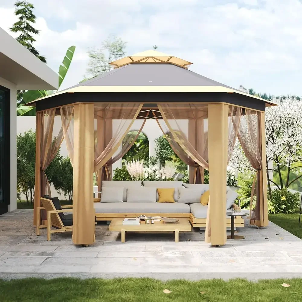 13x13 Mesh-Covered Adjustable Height Outdoor Gazebo with Carry Bag - Khaki
