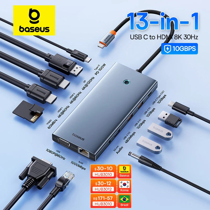 Baseus USB Type C to HDMI-Compatible HUB Adapter 13-In-1 DP 4K 60Hz 120Hz RJ45 VGA Converter PD 100W USB 3.0 2.0 For Macbook PC