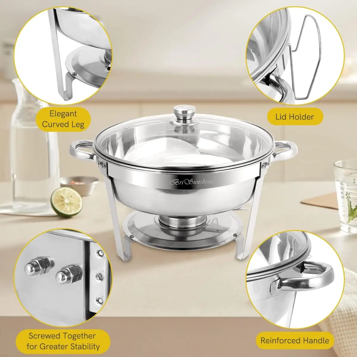 Chafing Dish Buffet Set 6 Packs, 5 QT Stainless Steel Round Chafing Dishes with Glass Lid & Lid Holder, Food Warmer For Parties