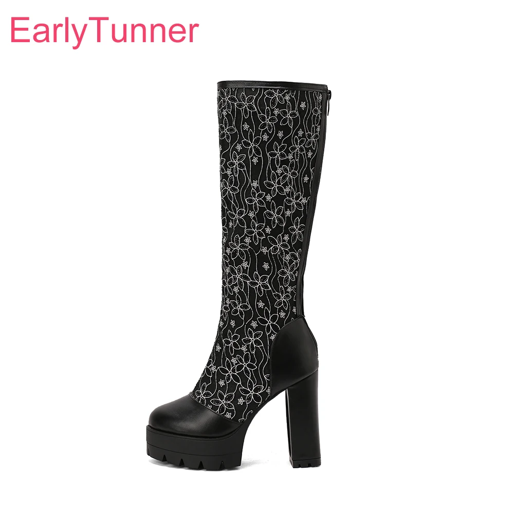  Winter New Sweet Black White Women Knee High Platform Boots High Heel Lady Riding Shoes Plus Big Size 11 43 47 50