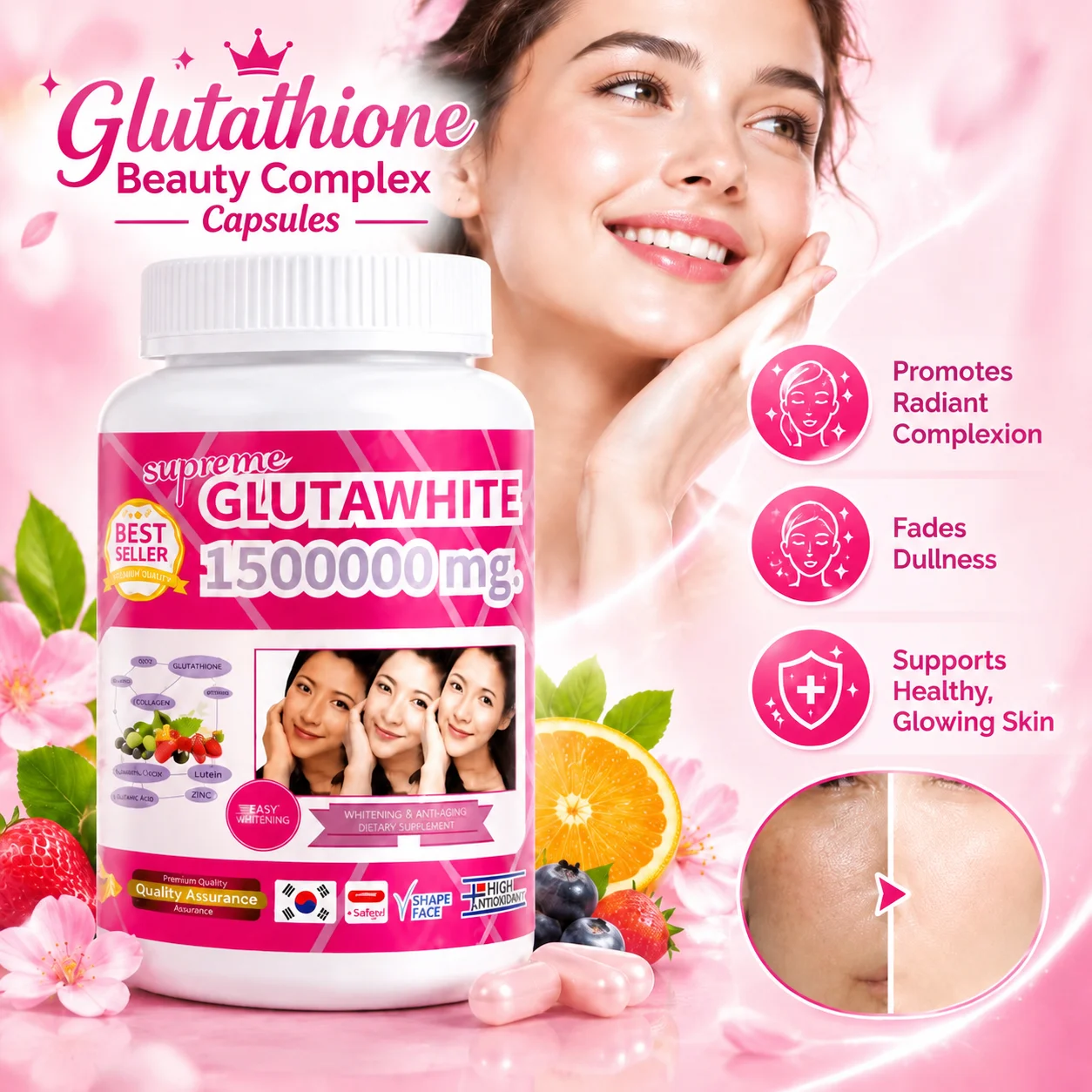 Glutathione Beauty Complex Capsules - Promotes Radiant Complexion & Fades Dullness,Glutathione, Vitamin C & Collagen,60 Capsules