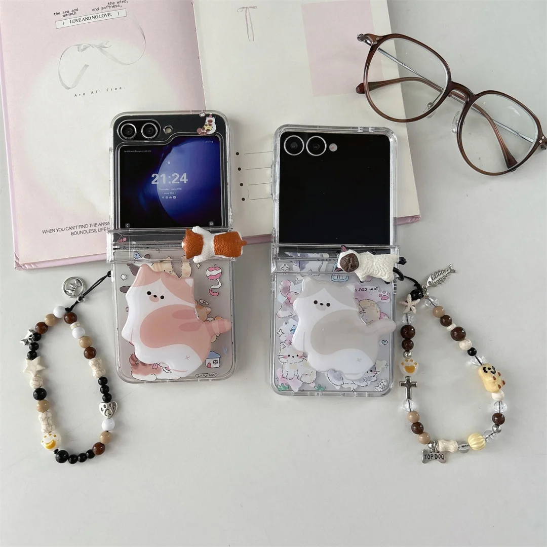 

Korean cute 3D Kitten folding phone case for Samsung Z Flip3 4 zflip5 flip6 7 7fe Galaxy 5G Kawaii flip with chain