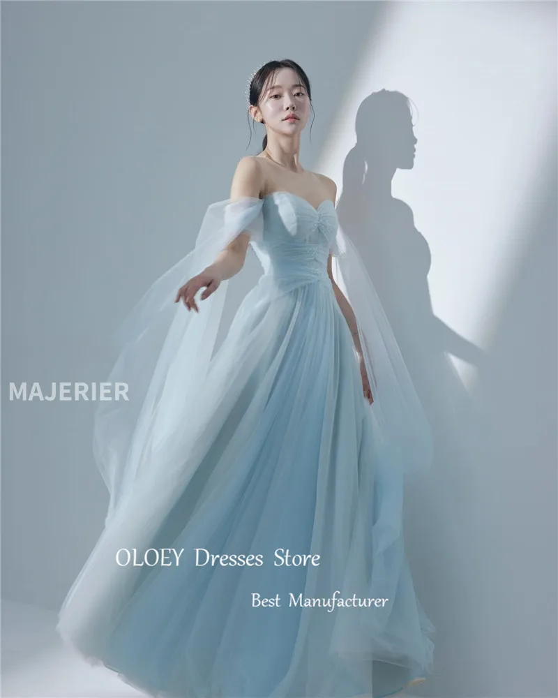 OLOEY-vestido de noite azul claro, vestidos de casamento elegantes, vestidos de baile, mangas compridas, Coréia