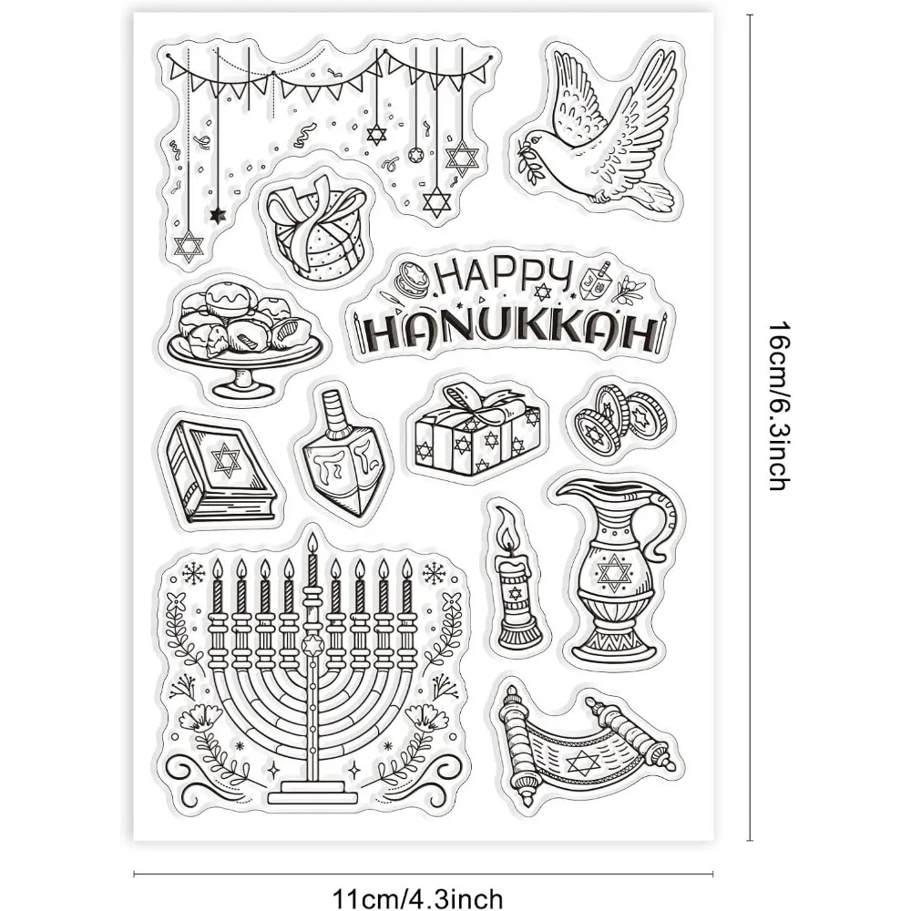 Happy Hanukkah Clear Stamps, 4.3x6.3 inch PVC Plastic Stamp Chanukah Label Stamps Candles Craft Stamps Coin Star Dessert