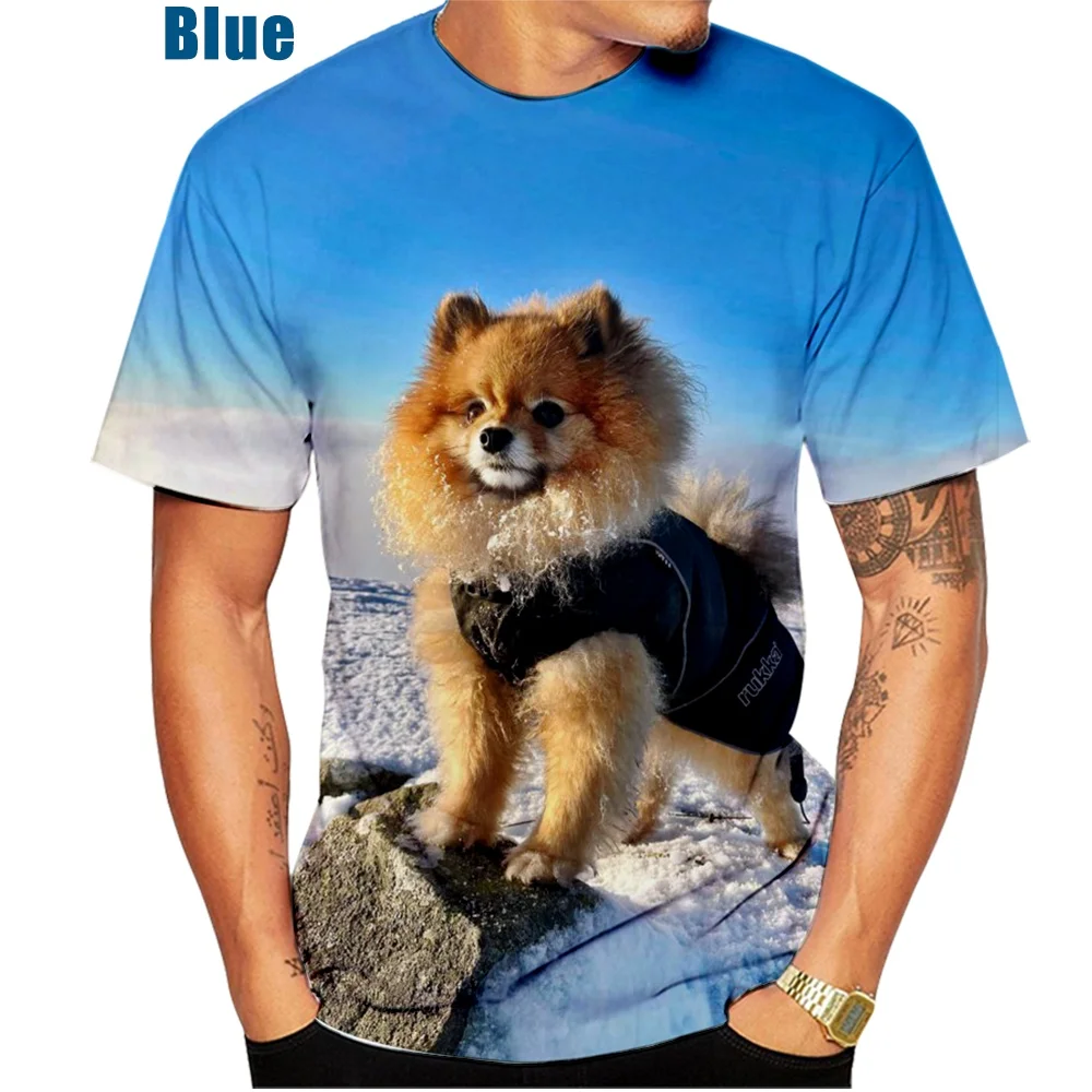 Summer Cute Funny Pomeranian Dogs 3d Printing Fashion Casual Round Neck Short Sleeve Breathable Loose Casual Oversized Tops