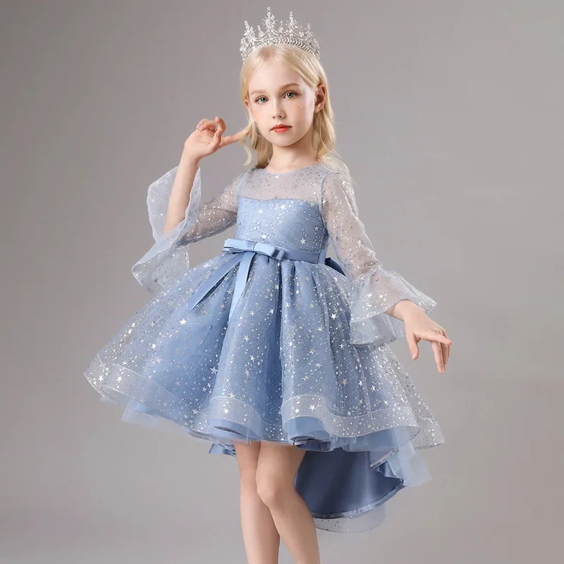 

Flower Girls Princess Sequins Baby Wedding Christmas Party Trailing Dress Fluffy Lace Embroidered Host Performance Costume 3-15Y