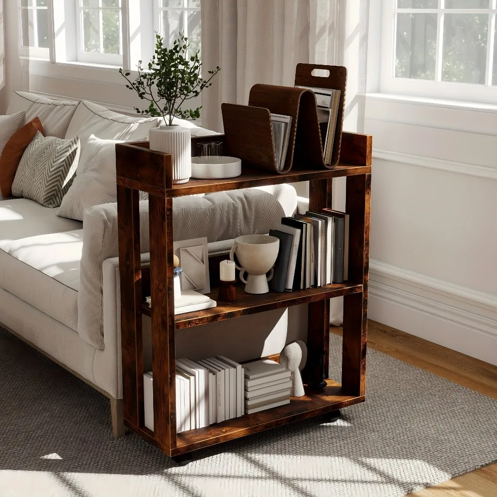 

3 Tier Nightstand With Wheels, Wood Small Bookshelf And Bookcase, Farmhouse Bedside End Table With Storage Rack For Bedroom, Library, Living Room, Home, Office Cart, Rustic Brown