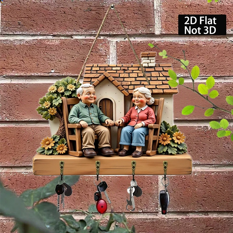 Rustic-Style Wooden Key Holder 2D Old Couple Design Farmhouse Porch Decor Key Storage for Valentine's Day Elder's Birthday Gifts
