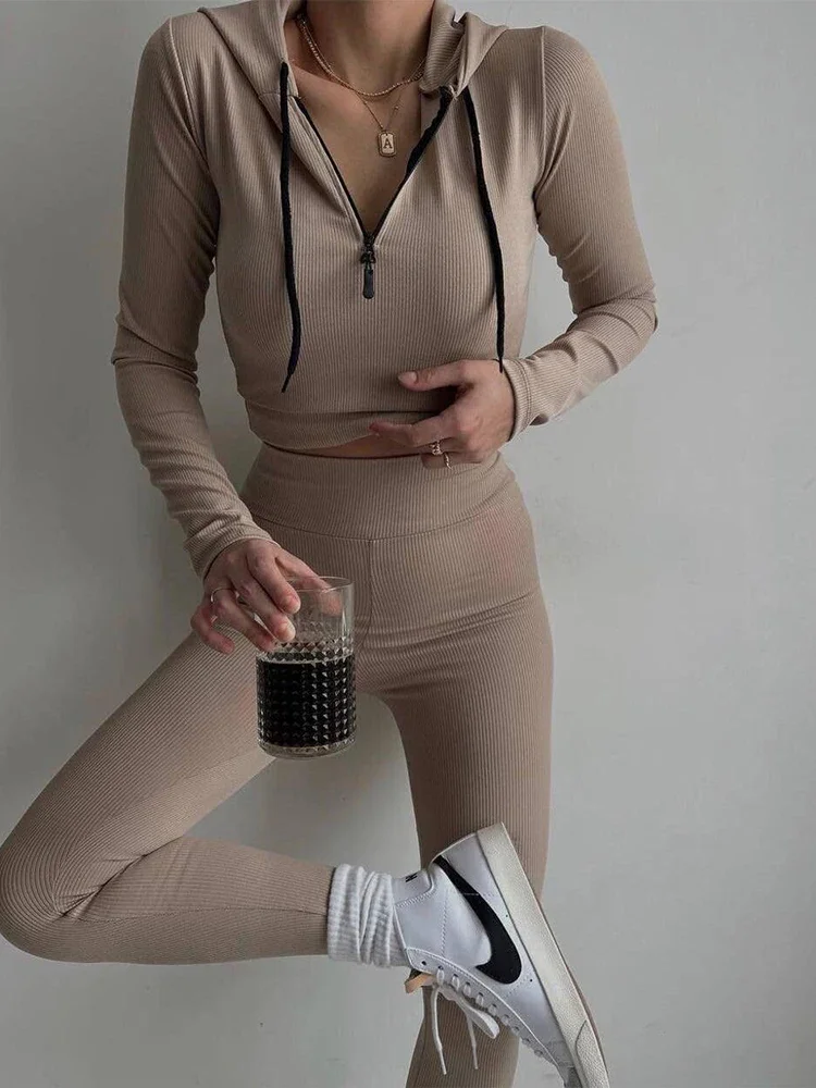 

2024 Women's New Fashion Knitwear Zipper Hoodie Suit Female's Solid Color Long-sleeved Blouse Casual Pants Two-piece Set