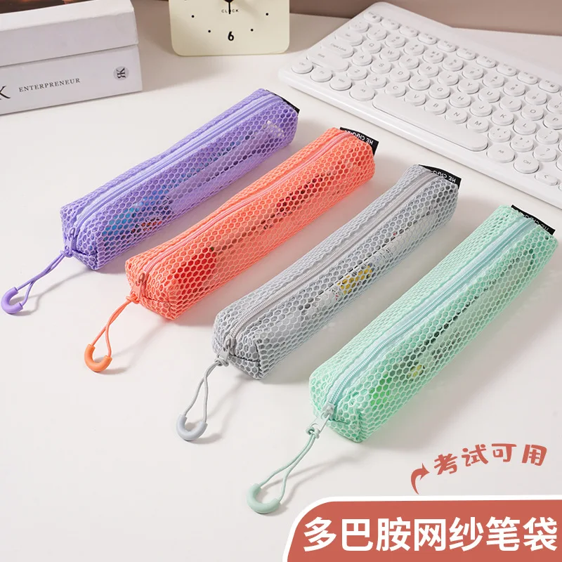 Colorful Dopamine Rectangular Mesh Zipper Pencil Case Portable Student Stationery Bag For School Travel Daily Sundries Storage
