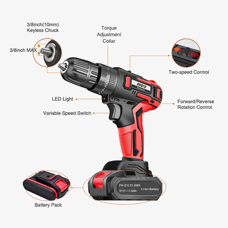 Factory Supply 21V Li-ion Cordless Power Drill Brushless 10mm Electric Screwdriver Battery Drill Cordless